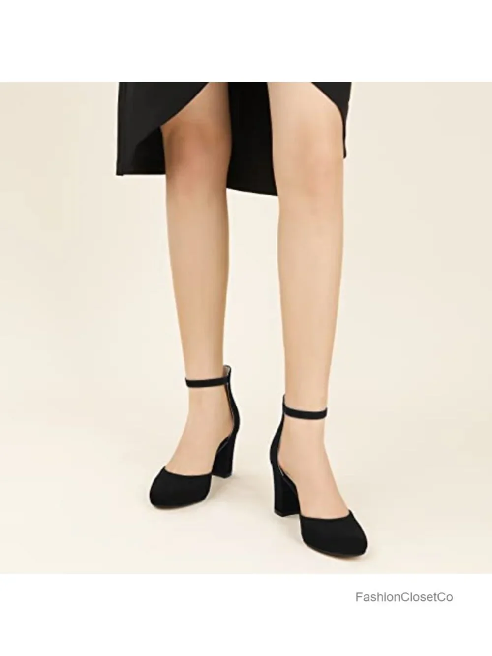 Womens Chunky Block Heel Pumps Closed Toe Ankle Strap 3 Inch Heels Dress Shoes
